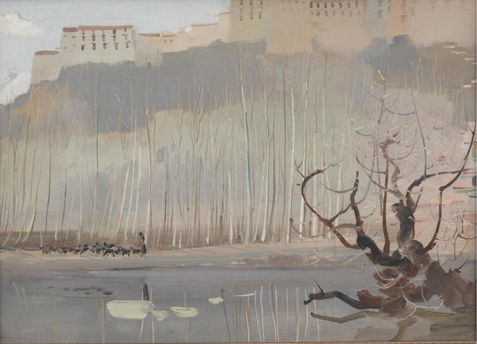 <h2>拉萨龙王潭</h2><p>作者：吴冠中</p><p>创作年代：1961年</p><p>规格：45.6cm×61cm</p><p>品类：油画</p>